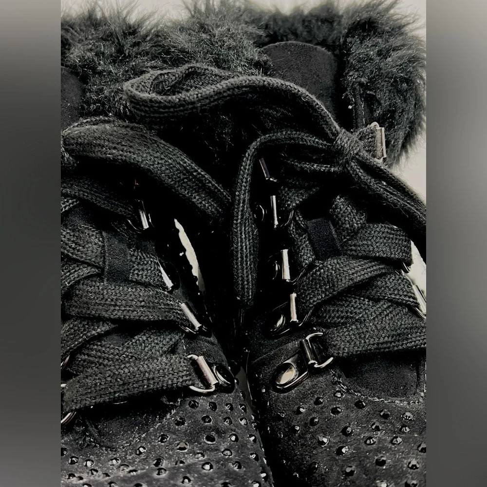 Justice Girls Size 3 Black Combat Boots Faux Fur Rhinestone Studded